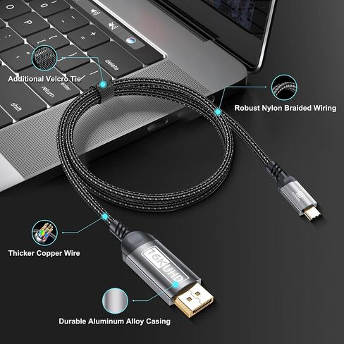 كابل USB-C إلى DisplayPort بطول 6.6 أقدام (16K@60 هرتز 8K@120 هرتز)، 80 جيجابت في الثانية سلك USB C إلى DP 2.1 Thunderbolt 3/4/5 متوافق مع MacBook Pro/Air، وiPhone 17 Pro Max، وiPad Pro، وiMac، وXPS. in Kuwait