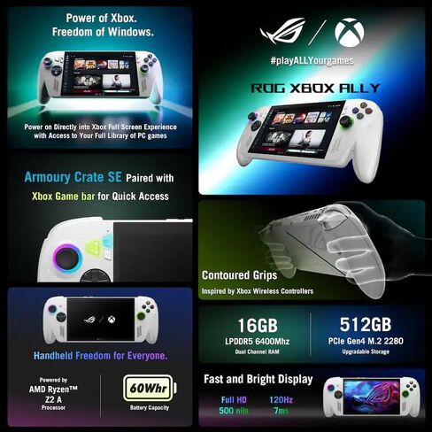 وحدة تحكم ASUS ROG Xbox Ally 7 بوصة FHD للألعاب، شاشة لمس LED IPS 120 هرتز، معالج AMD Ryzen Z2 A، 16 جيجابايت، Windows 11، مع مجموعة GSF 3 في 1 (16 جيجابايت | 512 جيجابايت SSD) in Kuwait