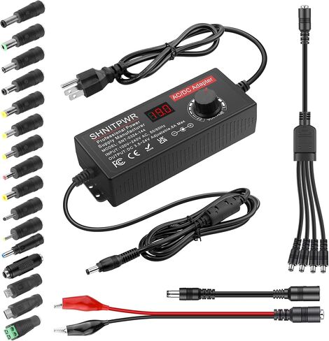 SHNITPWR 144W مصدر طاقة قابل للتعديل DC 4V-24V 6A محول AC / DC عالمي متغير مع شاشة LED، أطراف 16 في 1، مقاطع التمساح، مقسم 4 اتجاهات، محول قطبية، لشريط LED، CCTV، الكاميرا، الراديو in Kuwait