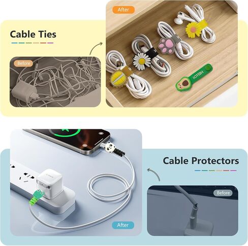 20 قطعة Kergumin 10 قطع من أربطة كابل السيليكون، 10 قطع من واقيات شاحن USB، أربطة كابل قابلة لإعادة الاستخدام، منظم سلك حيوانات كرتونية لطيف للأسلاك الكهربائية، منظم سلك لسماعات الأذن، شاحن الهاتف in Kuwait