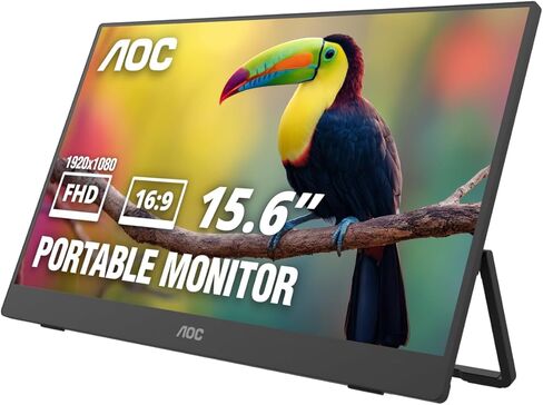 شاشة AOC 16T30 المحمولة مقاس 15.6 بوصة FHD 1080p IPS، USB-C، Mini HDMI، مكبر صوت مدمج، مسند، شاشة سفر، متوافقة مع أجهزة الكمبيوتر المحمولة، MacBook ووحدة تحكم الألعاب in Kuwait