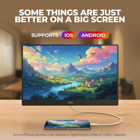 شاشة AOC 16T30 المحمولة مقاس 15.6 بوصة FHD 1080p IPS، USB-C، Mini HDMI، مكبر صوت مدمج، مسند، شاشة سفر، متوافقة مع أجهزة الكمبيوتر المحمولة، MacBook ووحدة تحكم الألعاب in Kuwait