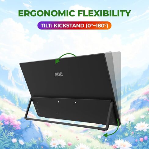 شاشة AOC 16T30 المحمولة مقاس 15.6 بوصة FHD 1080p IPS، USB-C، Mini HDMI، مكبر صوت مدمج، مسند، شاشة سفر، متوافقة مع أجهزة الكمبيوتر المحمولة، MacBook ووحدة تحكم الألعاب in Kuwait