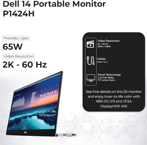 P1424H شاشة Dell المحمولة مقاس 14 بوصة لشاشة FHD LED مع إنتاجية الشاشة المزدوجة، والتبديل داخل الطائرة، واتصال USB-C، والإضاءة الزرقاء المنخفضة، وبرنامج إدارة العرض in Kuwait