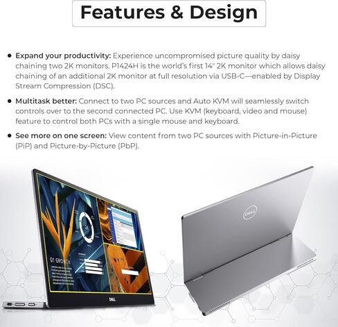 P1424H شاشة Dell المحمولة مقاس 14 بوصة لشاشة FHD LED مع إنتاجية الشاشة المزدوجة، والتبديل داخل الطائرة، واتصال USB-C، والإضاءة الزرقاء المنخفضة، وبرنامج إدارة العرض in Kuwait