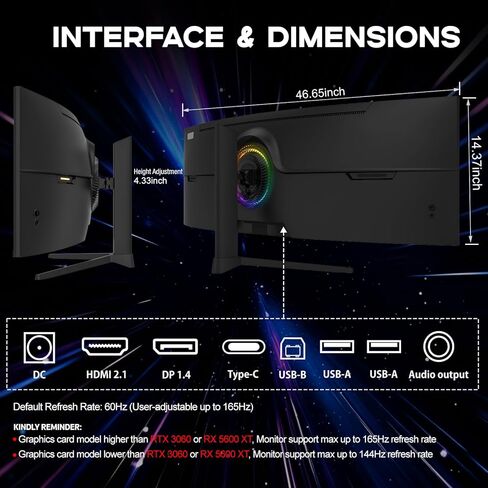 شاشة منحنية 49 بوصة مع جهاز تحكم عن بعد، 165 هرتز WDQHD(5120 x 1440p) شاشة ألعاب 5K فائقة الاتساع R1500، HDR400، تباين 3000:1، sRGB 100%، USB-C، FreeSync، PIP/PBP، مكبر صوت مدمج، HDMI 2.1 & DP 1.4 in Kuwait