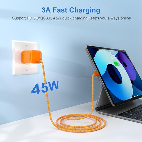 YISH 45W USB C Charger Block, Foldable Type C Charger Fast Charging with 3.3FT USBC Charging Cable, GaN Charger Compatible with iPhone 17/16/15 Series, MacBook, iPad, Samsung Galaxy (Orange) in Saudi Arabia