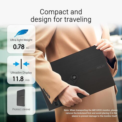 ASUS ZenScreen 16" Portable USB Monitor (MB169CK-P) - Full HD, IPS, Dual USB-C, Eye Care, Flicker Free, Blue Light Filter, Anti-Glare Surface, 360° Kickstand, 3 yr Warranty in Kuwait