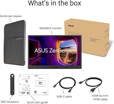 ASUS ZenScreen 16" Portable USB Monitor (MB169CK-P) - Full HD, IPS, Dual USB-C, Eye Care, Flicker Free, Blue Light Filter, Anti-Glare Surface, 360° Kickstand, 3 yr Warranty in Kuwait