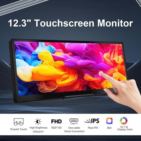 wisecoco 12.3 Inch Touch Screen Monitor IPS 1920x720 Stretched Bar LCD CNC Shell Mini Secondary Screen Portable Display HDMI for Laptop PC Temperature Aida64 GPU CPU RAM Monitoring in Kuwait