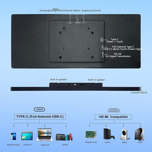 wisecoco 12.3 Inch Touch Screen Monitor IPS 1920x720 Stretched Bar LCD CNC Shell Mini Secondary Screen Portable Display HDMI for Laptop PC Temperature Aida64 GPU CPU RAM Monitoring in Kuwait