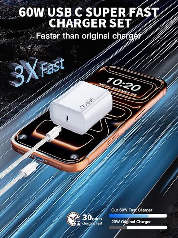 محول طاقة ديناميكي Apple 40W-60W، شاحن USB C سريع 2 حزمة شاحن iPhone شحن سريع 6FT نوع C كابلات شحن مضفرة لأجهزة Apple iPhone 17/17E/Air/17 ProMax/16Pro/16e/15Plus، iPad Pro/Air، AirPods in Kuwait