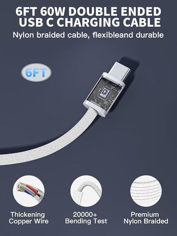 محول طاقة ديناميكي Apple 40W-60W، شاحن USB C سريع 2 حزمة شاحن iPhone شحن سريع 6FT نوع C كابلات شحن مضفرة لأجهزة Apple iPhone 17/17E/Air/17 ProMax/16Pro/16e/15Plus، iPad Pro/Air، AirPods in Kuwait