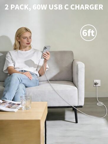 محول طاقة ديناميكي Apple 40W-60W، شاحن USB C سريع 2 حزمة شاحن iPhone شحن سريع 6FT نوع C كابلات شحن مضفرة لأجهزة Apple iPhone 17/17E/Air/17 ProMax/16Pro/16e/15Plus، iPad Pro/Air، AirPods in Kuwait