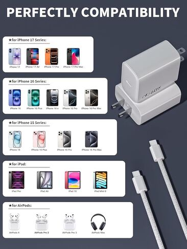محول طاقة ديناميكي Apple 40W-60W، شاحن USB C سريع 2 حزمة شاحن iPhone شحن سريع 6FT نوع C كابلات شحن مضفرة لأجهزة Apple iPhone 17/17E/Air/17 ProMax/16Pro/16e/15Plus، iPad Pro/Air، AirPods in Kuwait