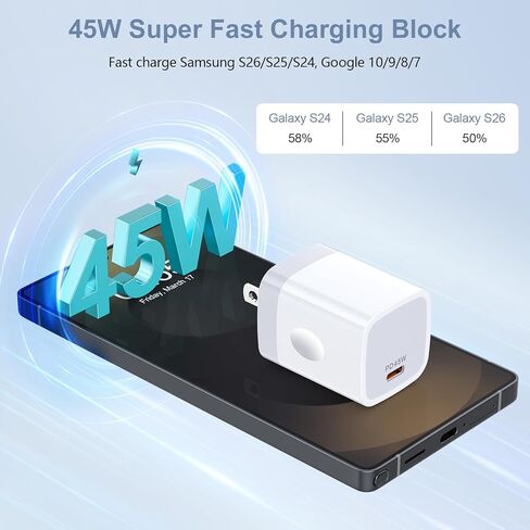 شاحن USB C فائق السرعة 45 وات لهاتف Samsung S26 Ultra، 45 وات شحن سريع من النوع C شاحن هاتف Android قابس جداري لهاتف Samsung Galaxy S26/S26+/S25 Ultra/S25 FE/S25 Edge/S24/S24 FE/S23/S22، Google 10 in Kuwait