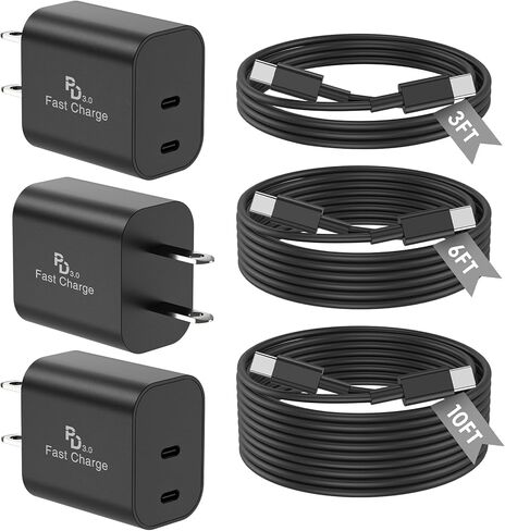 3Pack PD 3.0 Black Super Fast Charger USB C Dual Port Charger Block with 3Pack 60W [3FT+6FT+10FT] USB C to USB C Charger Cord for Galaxy S26/S25/S24,for iPhone 17/16/15,for iPad and More in Kuwait