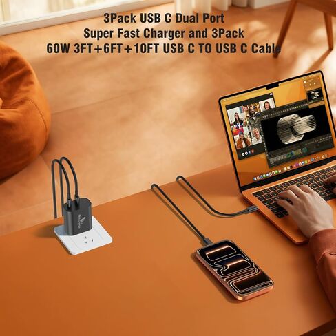 3Pack PD 3.0 Black Super Fast Charger USB C Dual Port Charger Block with 3Pack 60W [3FT+6FT+10FT] USB C to USB C Charger Cord for Galaxy S26/S25/S24,for iPhone 17/16/15,for iPad and More in Kuwait