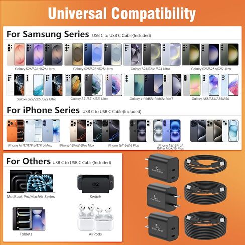 3Pack PD 3.0 Black Super Fast Charger USB C Dual Port Charger Block with 3Pack 60W [3FT+6FT+10FT] USB C to USB C Charger Cord for Galaxy S26/S25/S24,for iPhone 17/16/15,for iPad and More in Kuwait