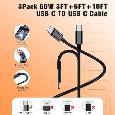 3Pack PD 3.0 Black Super Fast Charger USB C Dual Port Charger Block with 3Pack 60W [3FT+6FT+10FT] USB C to USB C Charger Cord for Galaxy S26/S25/S24,for iPhone 17/16/15,for iPad and More in Kuwait