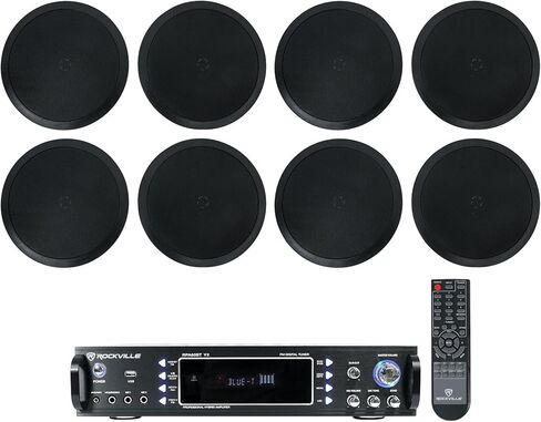 Rockville RPA60BT V2 Bundle: 1000W 2-Channel Karaoke Receiver Amplifier Mixer Bluetooth/USB, (4) Pairs HC85-16 Black 8" in-Ceiling Home Theater Speakers 16-Ohm, 5-Items in Kuwait