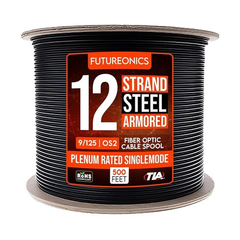 كابل توزيع الألياف الضوئية المدرع Plenum 12 Strand داخلي/خارجي، OS2 9/125 Singlemode، Corning SMF-28® Ultra، غير حساس للانحناء، أسود، بكرة، 500 قدم in Kuwait