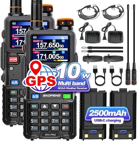 BAOFENG 5RH PRO GPS&APRS 10 وات متعدد الموجات راديو هام طويل المدى محمول في اتجاهين راديو NOAA جهاز استقبال الطقس قابل لإعادة الشحن مع بطارية USB-C شحن 2500 مللي أمبير في الساعة in Kuwait