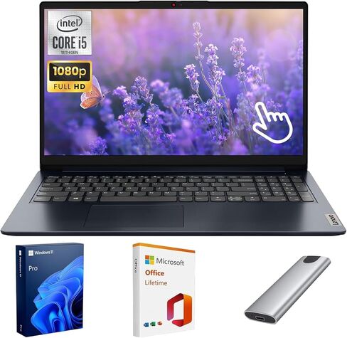 Lenovo IdeaPad 1i Laptop, 15.6" FHD Touchscreen Laptop for Business & Student, Intel Core i5-1335U (Beats i7-1255U), 16GB RAM, 1TB SSD + 128GB Portable SSD, Windows 11 Pro with Lifetime Office in Kuwait