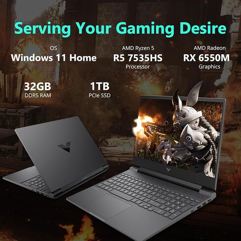 كمبيوتر محمول HP Victus مقاس 15.6 بوصة عالي الدقة 144 هرتز للألعاب، AMD Ryzen 5-7535HS، ذاكرة الوصول العشوائي DDR5 سعة 32 جيجابايت، 1 تيرابايت PCIe SSD، AMD Radeon RX 6550M، لوحة مفاتيح بإضاءة خلفية، Windows 11 Home، فضي (متجدد) in Kuwait