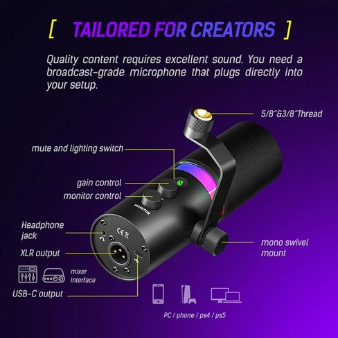 SOUNDSHORE USB/XLR Dynamic Microphone for PC Gaming, Podcast & Recording, Dual-Mode RGB Mic& Streaming Vocal Gear with Heavy-Duty Desk Stand, Clicky Mute in Kuwait