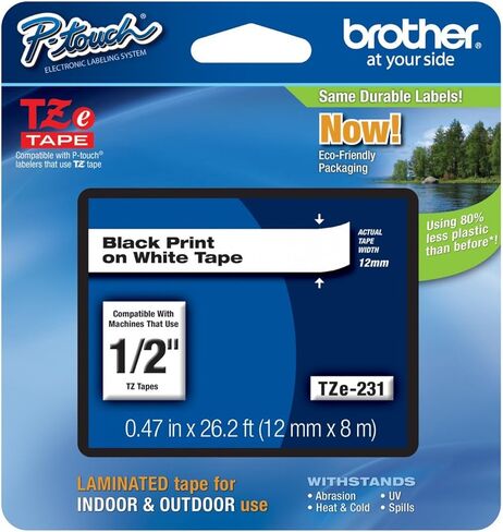 Genuine Brother 1/2" (12mm) Black on White TZe P-Touch Tape for Brother PT-330, PT330 Label Maker with Free TZe Tape Guide Included in Kuwait