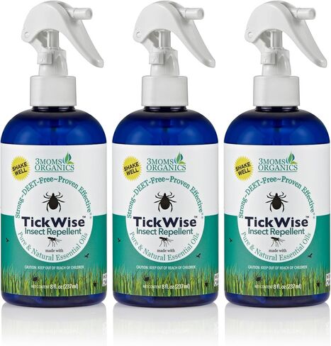 3 Moms Organics, TickWise 8oz 3 عبوات - خالية من DEET، طارد القراد والحشرات، زيوت عطرية نباتية، جميع المكونات الطبيعية، آمنة للأطفال والكبار والكلاب والخيول in Kuwait
