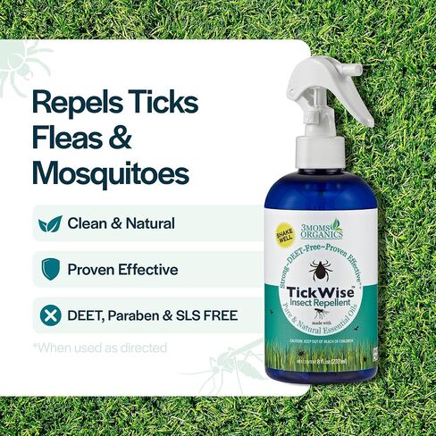 3 Moms Organics, TickWise 8oz 3 عبوات - خالية من DEET، طارد القراد والحشرات، زيوت عطرية نباتية، جميع المكونات الطبيعية، آمنة للأطفال والكبار والكلاب والخيول in Kuwait