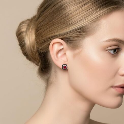 Jewelili Sterling Silver Cushion Gem Stones With Black and White Diamonds Accent Halo Stud Earrings, Options Of Gem Stones in Saudi Arabia
