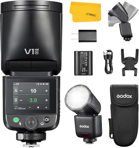 Godox V1 Mid N Flash for Nikon, 55Ws 2.4G TTL Round Head Touchscreen Speedlite for Nikon HSS 1/8000s, 2200mAh Li-ion Battery, 650 Full Power Shots, 1.7s Recycle Time, 10 Level LED Modeling Lamp in Kuwait