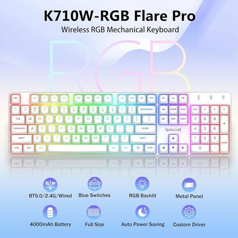 لوحة مفاتيح الألعاب الميكانيكية اللاسلكية Redragon K710، بلوتوث/2.4 جيجا/وضع سلكي ثلاثي، إضاءة خلفية RGB، مفتاح أزرق كليكي، بطارية قابلة لإعادة الشحن، لوحة معدنية صلبة، أغطية مفاتيح PBT للكمبيوتر/Mac، أبيض in Kuwait