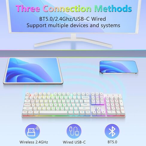 لوحة مفاتيح الألعاب الميكانيكية اللاسلكية Redragon K710، بلوتوث/2.4 جيجا/وضع سلكي ثلاثي، إضاءة خلفية RGB، مفتاح أزرق كليكي، بطارية قابلة لإعادة الشحن، لوحة معدنية صلبة، أغطية مفاتيح PBT للكمبيوتر/Mac، أبيض in Kuwait