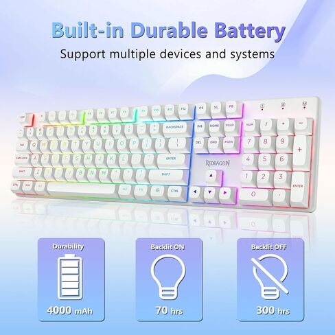 لوحة مفاتيح الألعاب الميكانيكية اللاسلكية Redragon K710، بلوتوث/2.4 جيجا/وضع سلكي ثلاثي، إضاءة خلفية RGB، مفتاح أزرق كليكي، بطارية قابلة لإعادة الشحن، لوحة معدنية صلبة، أغطية مفاتيح PBT للكمبيوتر/Mac، أبيض in Kuwait