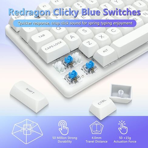 لوحة مفاتيح الألعاب الميكانيكية اللاسلكية Redragon K710، بلوتوث/2.4 جيجا/وضع سلكي ثلاثي، إضاءة خلفية RGB، مفتاح أزرق كليكي، بطارية قابلة لإعادة الشحن، لوحة معدنية صلبة، أغطية مفاتيح PBT للكمبيوتر/Mac، أبيض in Kuwait