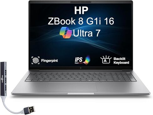 محطة عمل HP ZBook 8 G1i 16 المحمولة 16.0 بوصة 60 هرتز IPS WUXGA (Intel Ultra 7-255H، Intel Arc 140T Shared، 64 جيجابايت DDR5، 512 جيجابايت PCIe SSD، لوحة مفاتيح بإضاءة خلفية، بصمة الإصبع، Win 11 Pro) مع موسع منفذ USB DKZ in Kuwait