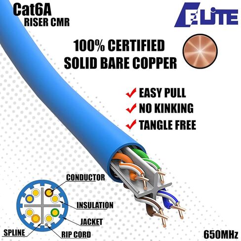 Elite CAT6A Riser (CMR), 10Gb, Ethernet Cable 1000ft, 23AWG, 100% Solid Pure Bare Copper, 650MHz, w/Spline(Noise Reducing Cross Separator), UL Certified, Easy Pull, Bulk Networking Cable Reel - Green in Kuwait