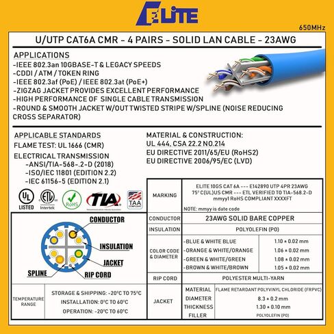 Elite CAT6A Riser (CMR), 10Gb, Ethernet Cable 1000ft, 23AWG, 100% Solid Pure Bare Copper, 650MHz, w/Spline(Noise Reducing Cross Separator), UL Certified, Easy Pull, Bulk Networking Cable Reel - Green in Kuwait