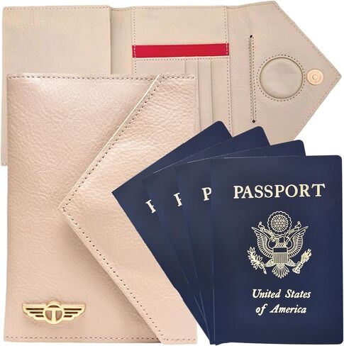 Expandable Full Grain Leather Passport Holder for Travel Family with Hidden AirTag Holder - RFID Protected Travel Wallet Passport Cover for Men Women with Free Lost & Found Service (Black) in Saudi Arabia
