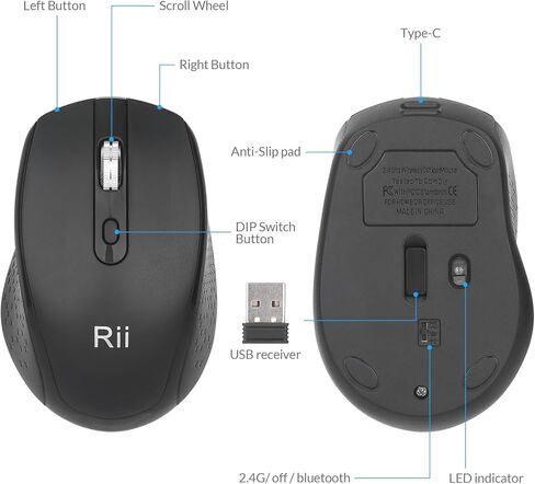 ماوس لاسلكي Rii RM213 قابل لإعادة الشحن (بلوتوث 5.0+2.4 جيجا هرتز) وضع مزدوج، ماوس مناسب للسفر، DPI 1200 1600 2400، منفذ من النوع C، ماوس كمبيوتر محمول لنظام التشغيل Mac Windows 11/10/8/7/XP/Vista Chromebook، أسود in Kuwait