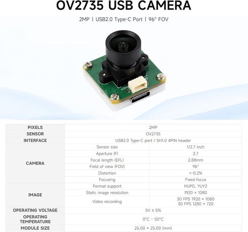 Waveshare OV2735 2MP USB Camera (A), Supports USB2.0 Type-C Port and SH1.0 4PIN Header in Kuwait