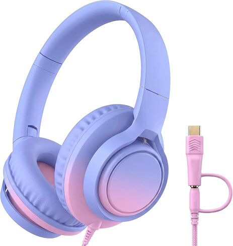 سماعات رأس سلكية للأطفال مزودة بميكروفون، ومقبس 3.5 مم مع محول USB-C، سماعة رأس مريحة للتعلم عبر الإنترنت، والمدرسة، والكمبيوتر اللوحي، والهاتف - أزرق متدرج وأزرق مخضر in Kuwait