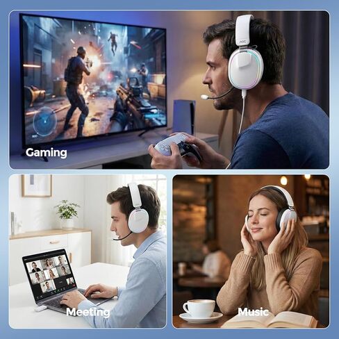 سماعة رأس AOC لاسلكية للألعاب مع ميكروفون لأجهزة PS5 وPS4 والكمبيوتر الشخصي - بلوتوث 5.3، 2.4 جيجا هرتز، إلغاء الضوضاء السلبية، إضاءة RGB، 48 ساعة، سماعة رأس سلكية للألعاب فوق الأذن، أبيض ACG3512 in Kuwait