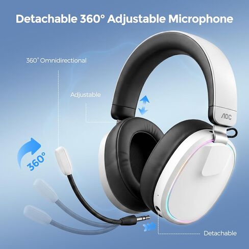 سماعة رأس AOC لاسلكية للألعاب مع ميكروفون لأجهزة PS5 وPS4 والكمبيوتر الشخصي - بلوتوث 5.3، 2.4 جيجا هرتز، إلغاء الضوضاء السلبية، إضاءة RGB، 48 ساعة، سماعة رأس سلكية للألعاب فوق الأذن، أبيض ACG3512 in Kuwait