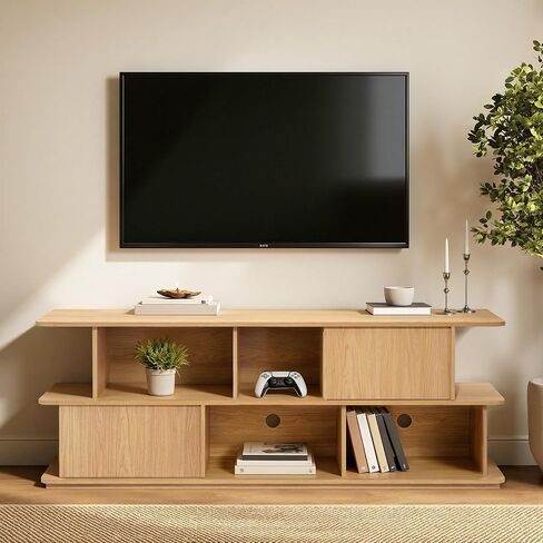 حامل تلفزيون LuxenHome مقاس 71 بوصة من خشب البلوط لغرفة المعيشة، ومركز ترفيه متعدد الوظائف مع مساحة تخزين، وخزانة وحدة تحكم الوسائط الخشبية مع إدارة الكابلات in Kuwait