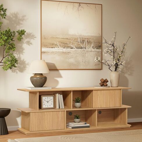 حامل تلفزيون LuxenHome مقاس 71 بوصة من خشب البلوط لغرفة المعيشة، ومركز ترفيه متعدد الوظائف مع مساحة تخزين، وخزانة وحدة تحكم الوسائط الخشبية مع إدارة الكابلات in Kuwait